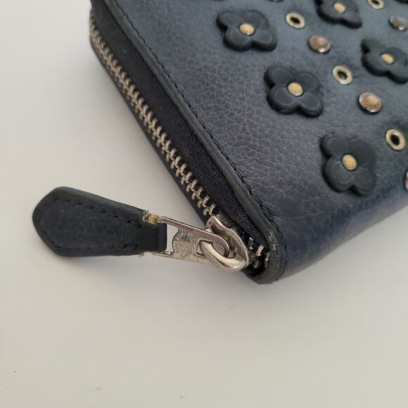 Coach Leather Wallet Navy Zip Around Large Clutch Studded Floral Grunge Boho - Picture 12 of 14